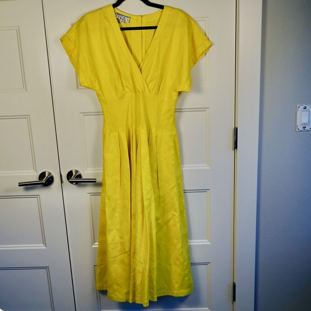 Vintage Anne Tjian for Kenar 2 100% Linen Dress‎ Size 12 Yellow Short Sleeve